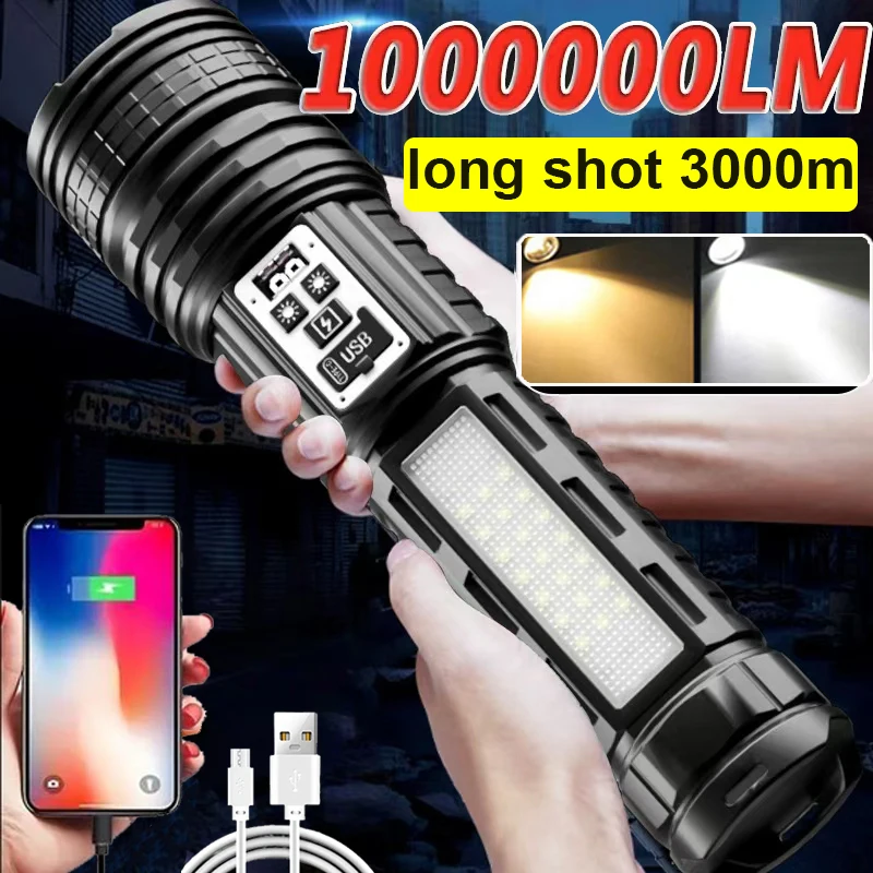 Most Powerful LED Flashlight Rechargeable Type-c Extra Large Flashlight Long Range Tactical Torch Light Hunting Lantern