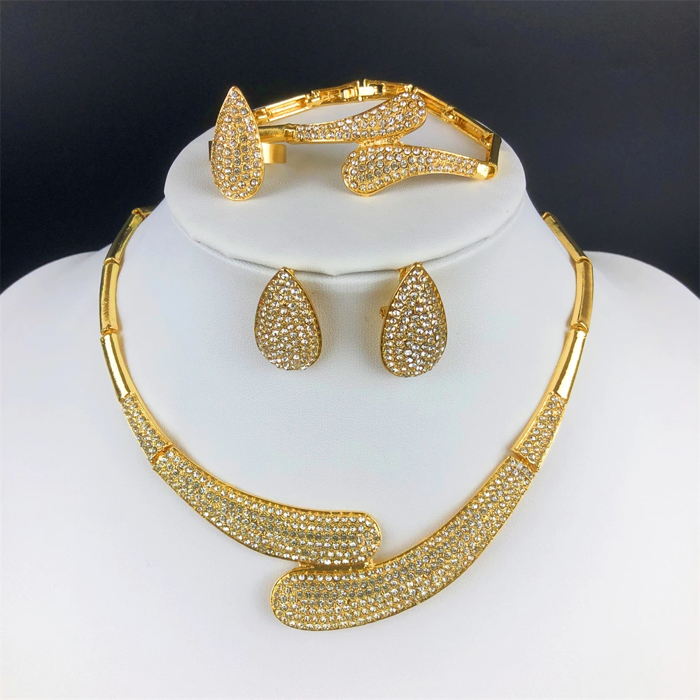 Dubai Fashion 18K Gold Plated Jewelry Set Women Classic Design Water Droplets Necklace Earring Bracelet And Ring 4PCS Set
