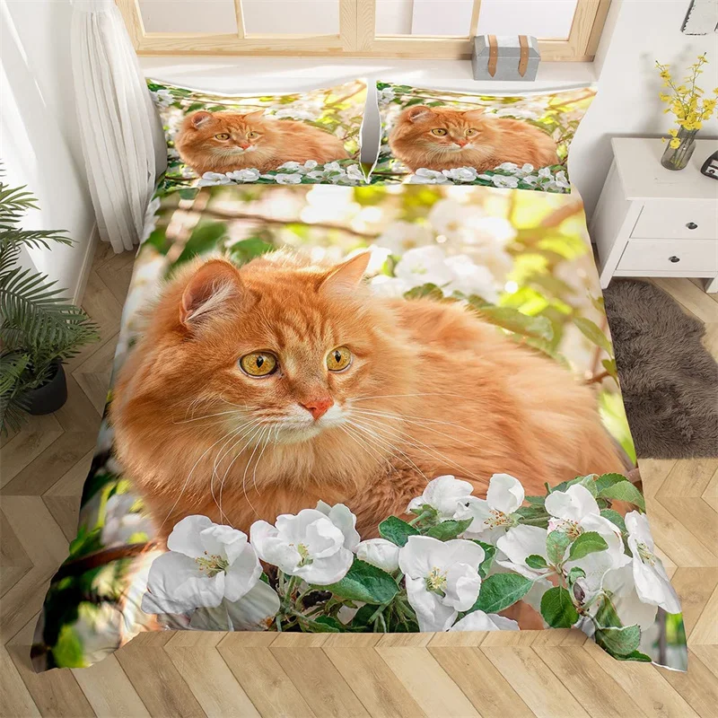 Cute Cat Duvet Cover Twin King Size Lovely Family Animal Bedding Set Polyester Spring White Flower Comforter Cover For Kids Teen