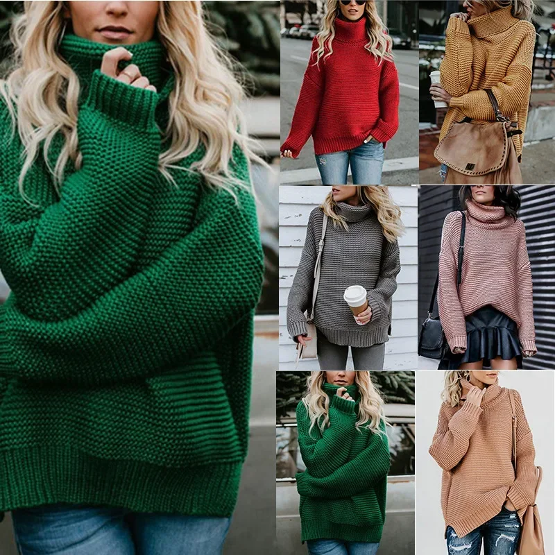 

2024 Autumn/Winter New Fashion Knitwear Solid Color Drop Shoulder Sleeve Thick Thread High Neck Pullover Casual Elegant Sweater