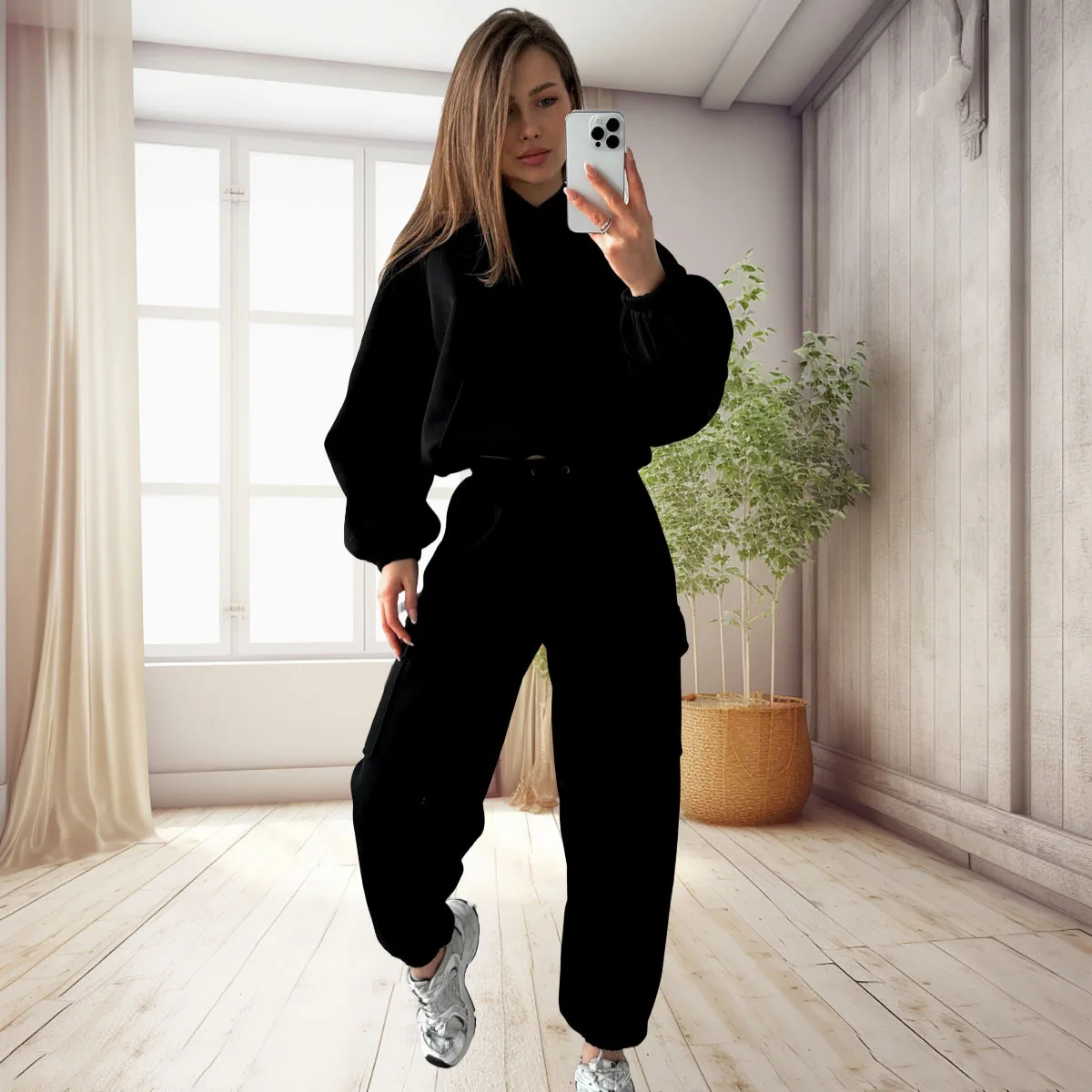 Solid color hooded sweatshirt two-piece set for women, new long sleeved work pants with pockets, casual sports suit