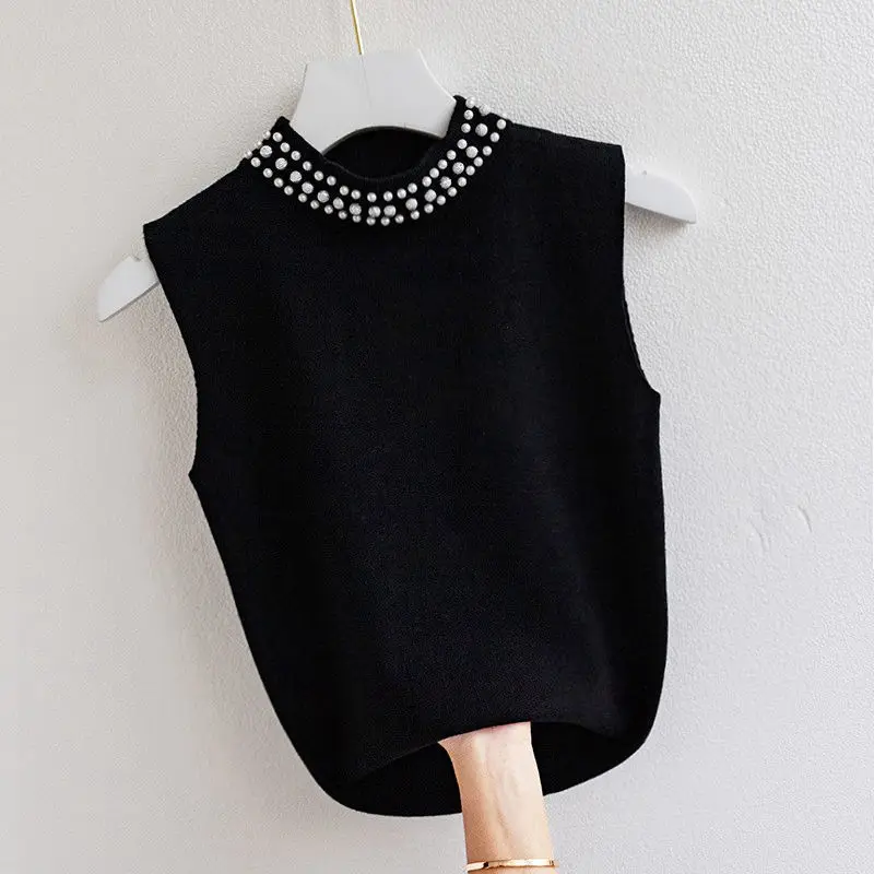 Women O Neck Fashion Short Camisole Ladies High Street Elastic Waist Knit Camis Summer Pearl Korean Style Tank Tops