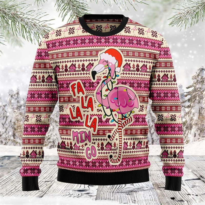 Pink Flamingo Christmas Ugly Sweatshirt Women Fashion Trendy Crewneck Sweatshirts 3D Printed Funny Lovely Animal Xmas Hoodie