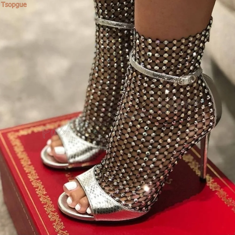 

Silver Open Toe Mesh Crystal Boots Ankle Buckle Thin High Heels High Heel Shoes for Women Heels 2025 New Zapatos Para Mujere