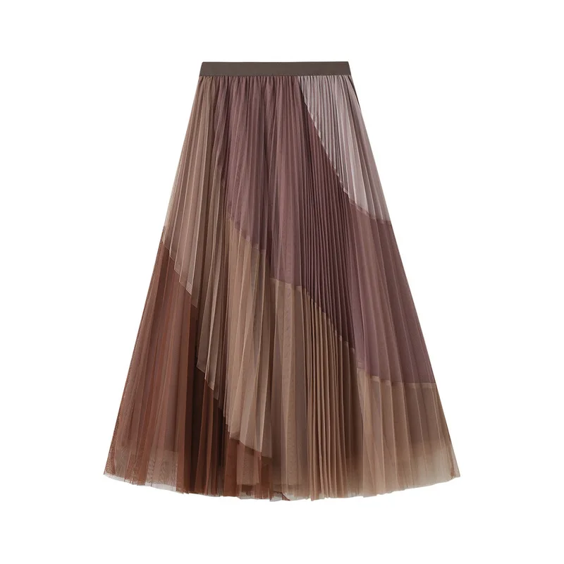 

Patchwork pleated mesh skirt with elastic waist for slimming, mid-length, large hem, Princess skirt A-line skirt half skirt