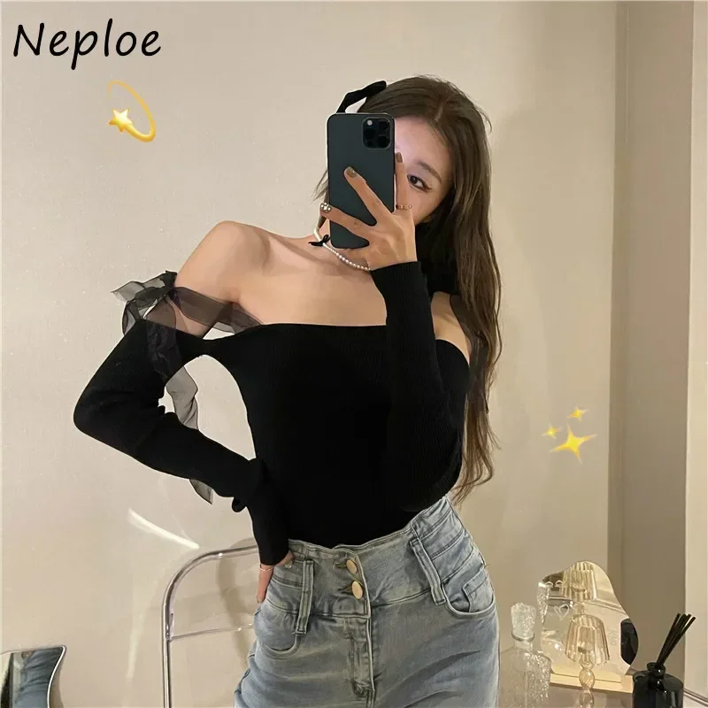 Neploe Sexy Slash Neck Strapless Shoulder Pullover Sweater Women Pullover Long Sleeve Slim Fit Solid Tees Spring 2024 New Top