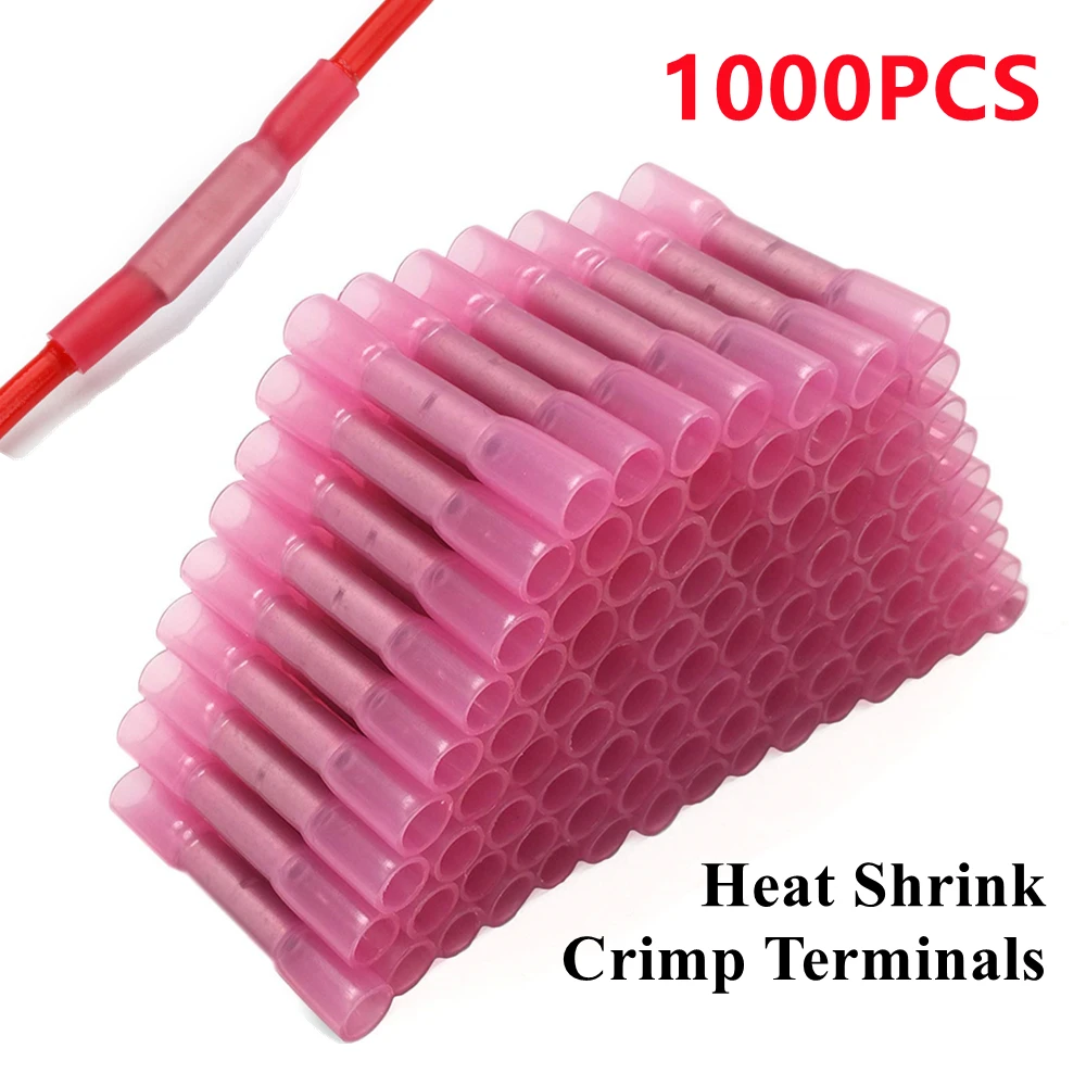 500/1000PCS Heat Shrink Butt Connectors Red Insulated Waterproof Seal Crimp Terminals Electrical Cable Wire Connector 22-18 AWG