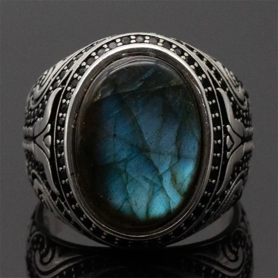 Real 925 Sterling Silver Ring for Men Natural Labradorite Stone Handmade Vintage Turkish Silver Ring for Male