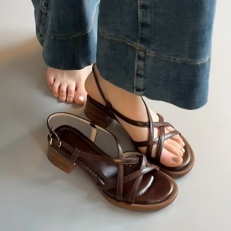 

Women’s sandals summer Roman with comfortable thick heels and thin straps mid-heel cross-strap sandals for women outdoor wear