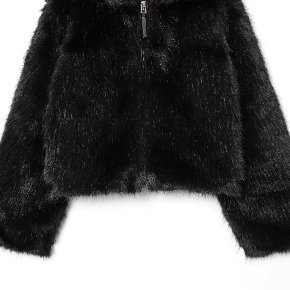 Jaqueta solta de pele feminina com capuz manga comprida bolso zíper outono e inverno nova jaqueta quente