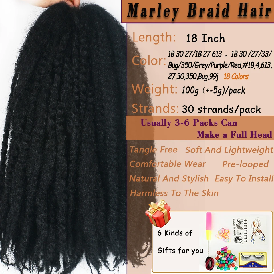 DONGHOU 1-6Packs 18 Inch Marley Twist Braiding Hair for Faux Locs Synthetic Afro Twist Braid Marley Twist Curly Hair Extensions