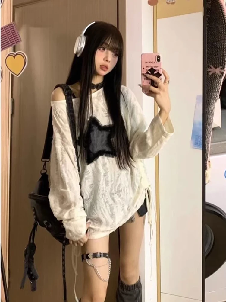 2024 Autumn Women New Y2K Hole Star Print Sweater Fashion Streetwear Off Shoulder Tops Oversize Kpop Long Sleeve Loose Outwear