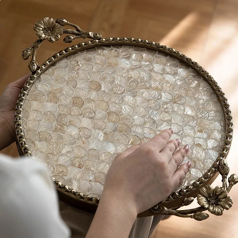 Shell & Boho Tea Tray with Handles Chinese Style Serving Tray Vanity Organizer Jewelry Dish