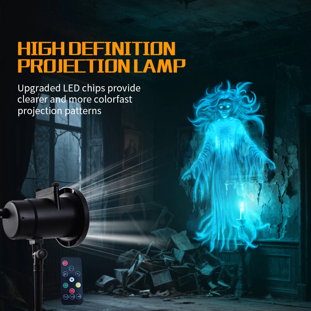 10 Patterns LED Halloween Projector Light Film Slides Halloween Rotating Projection Lamp Outdoor Holiday Party Stage Decor Lamp