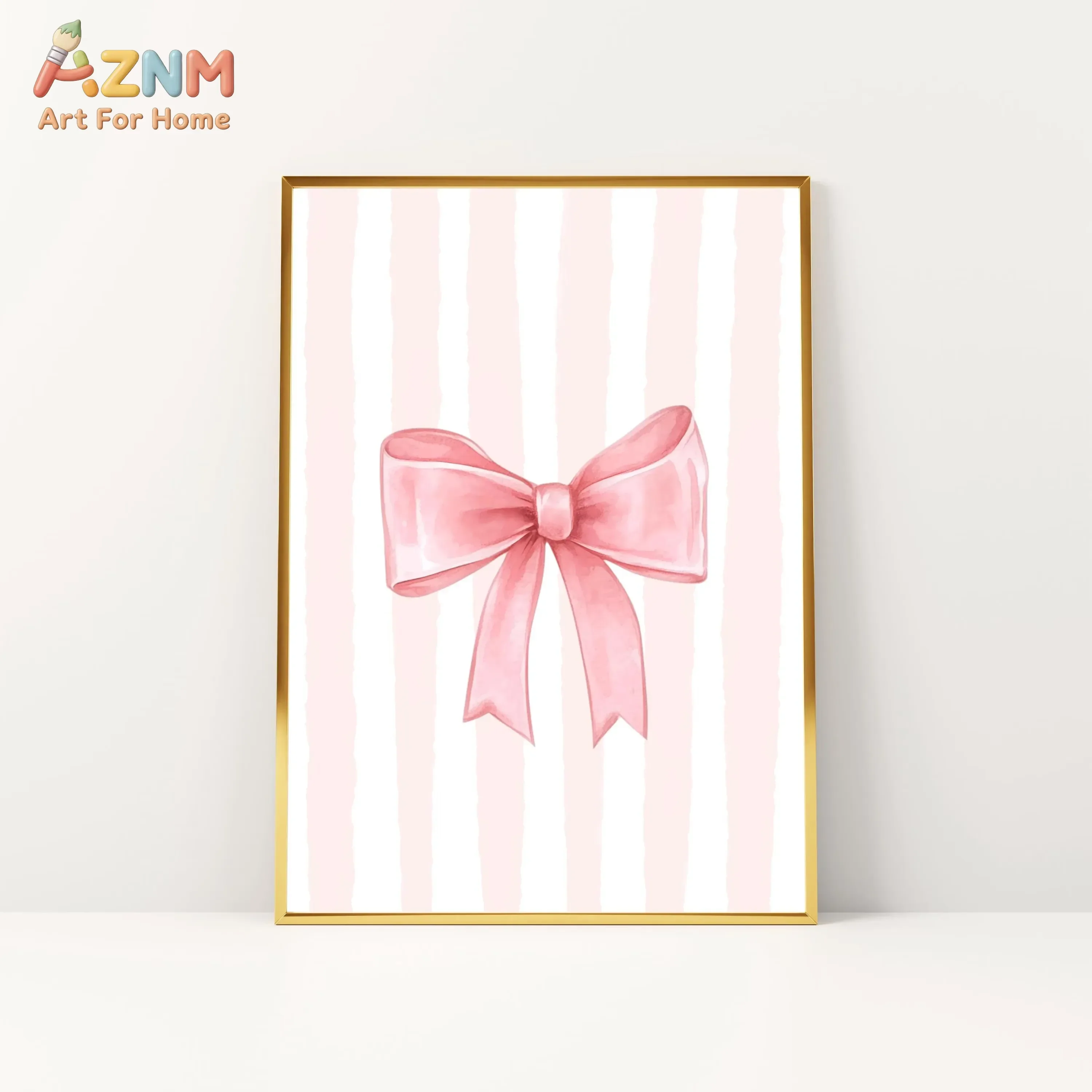 AZNM Watercolor Pink Bow Canvas Wall Art Pink White Vertical Stripe Background Cute Sweet Aesthetic Nursery Bedroom Girly Room D