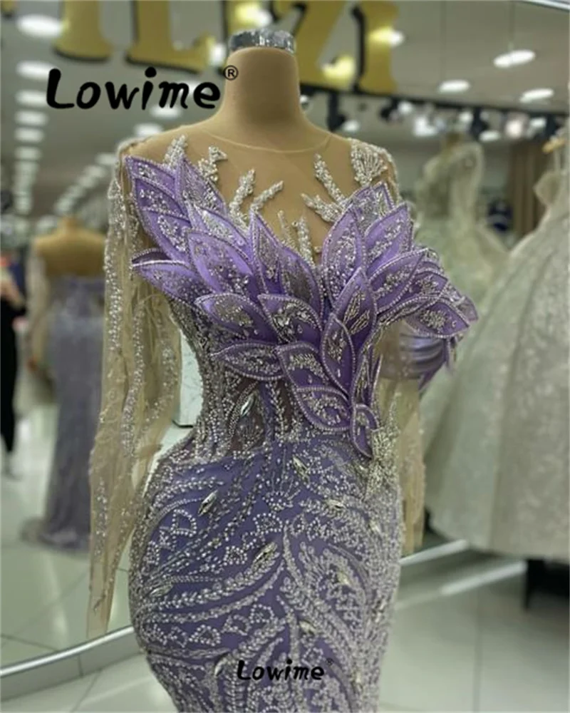 Abendkleider Purple 5D Leaf Aso Ebi Crystal Mermaid Prom Dresses Sequined Evening Formal Party Second Reception Engagement Dress