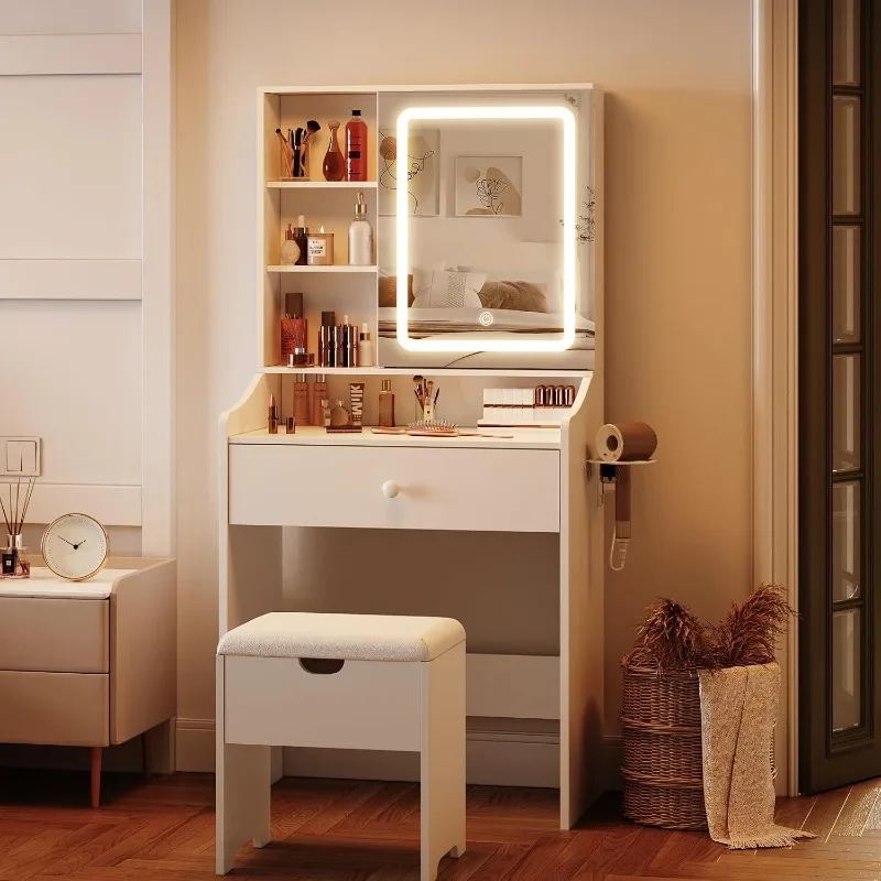 Small Makeup Vanity Desk with Mirror and Lights,Adjustable 3 Lighting Modes,White Vanity Set with Charger Station and Stool