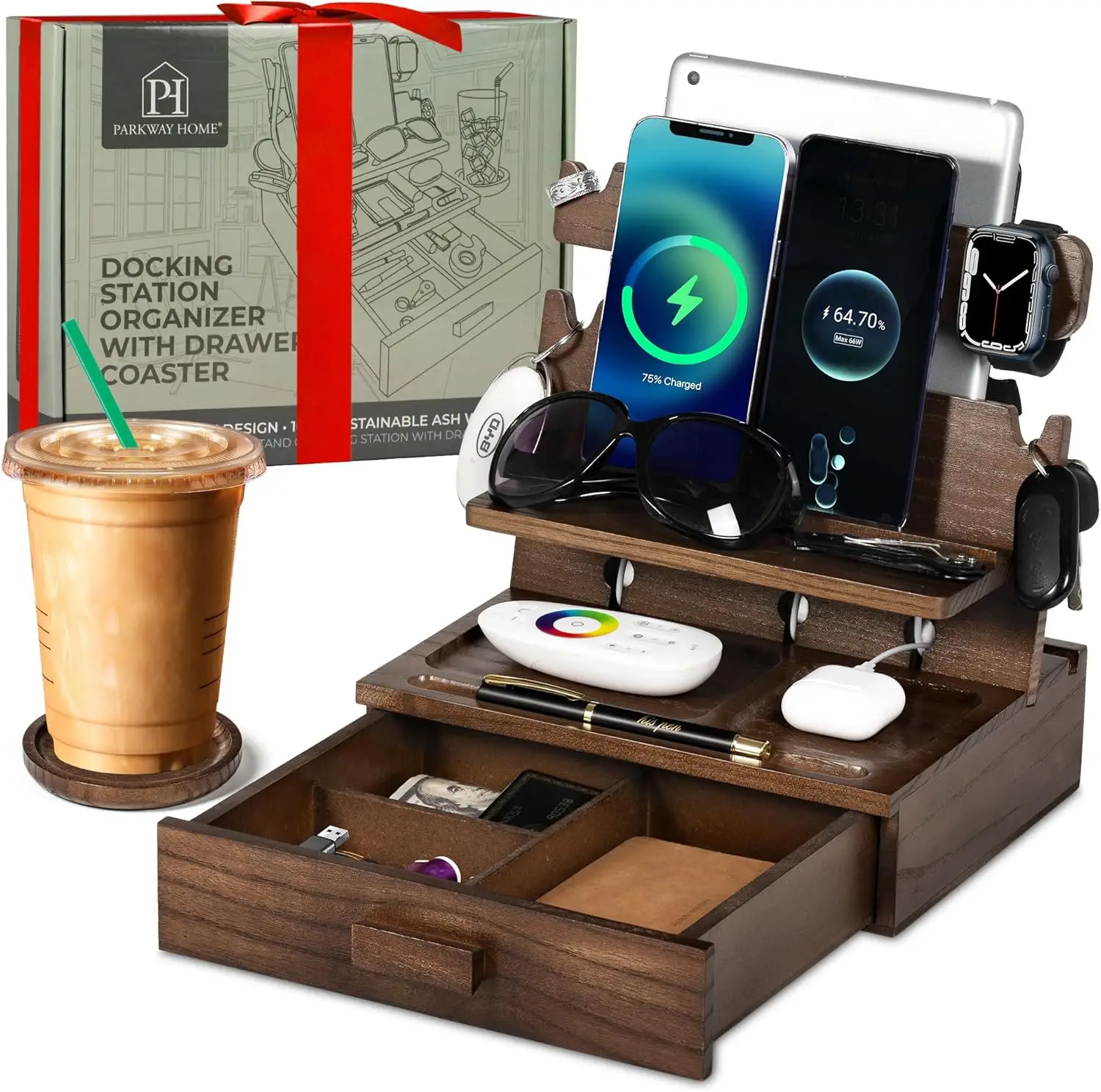 

Wooden Phone Docking Station with Drawer for Multiple Devices, Apple Watch Compatible Organizer
