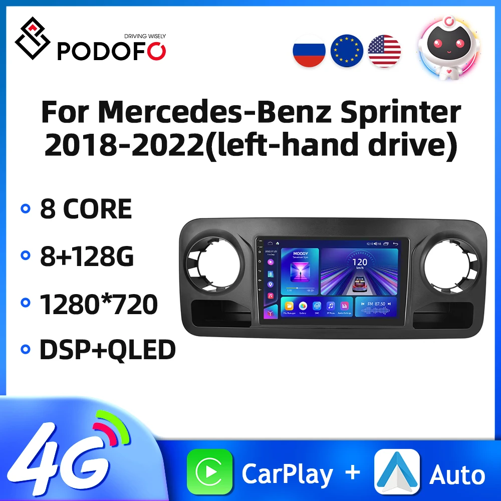 Podofo Android 2Din Car Radio For Mercedes-Benz Sprinter 2018-2022 Multimedia Player Carplay Android Auto GPS Navigation 4G WIFI