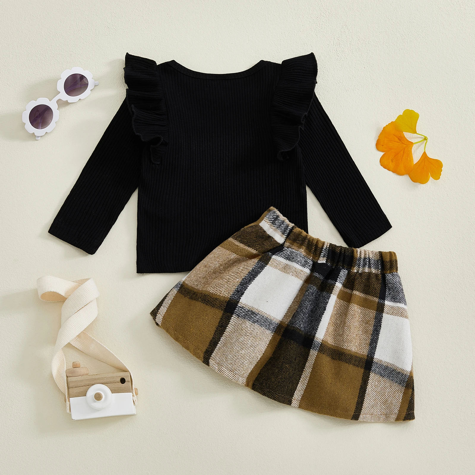 0-4Y موضة الفتيات الخريف 2 قطعة تنورة وتتسابق تحلق كم بلون قميص بلايز ألف خط منقوشة تنورة مجموعة ملابس الفتيات #6