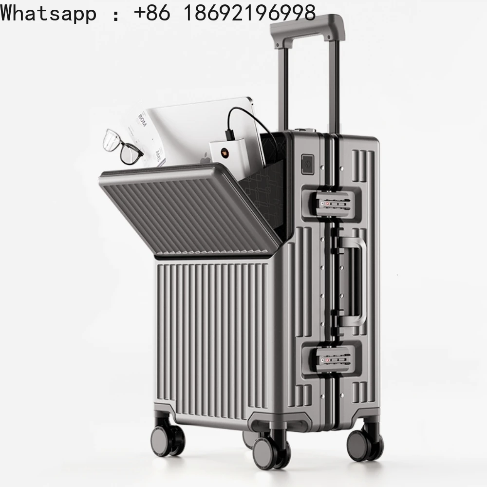 Front Opening Suitcase PC Material with Aluminum Frame TSA Lock Cup Holder Charging Port Travel Rolling Luggage 20/24/28/30inch
