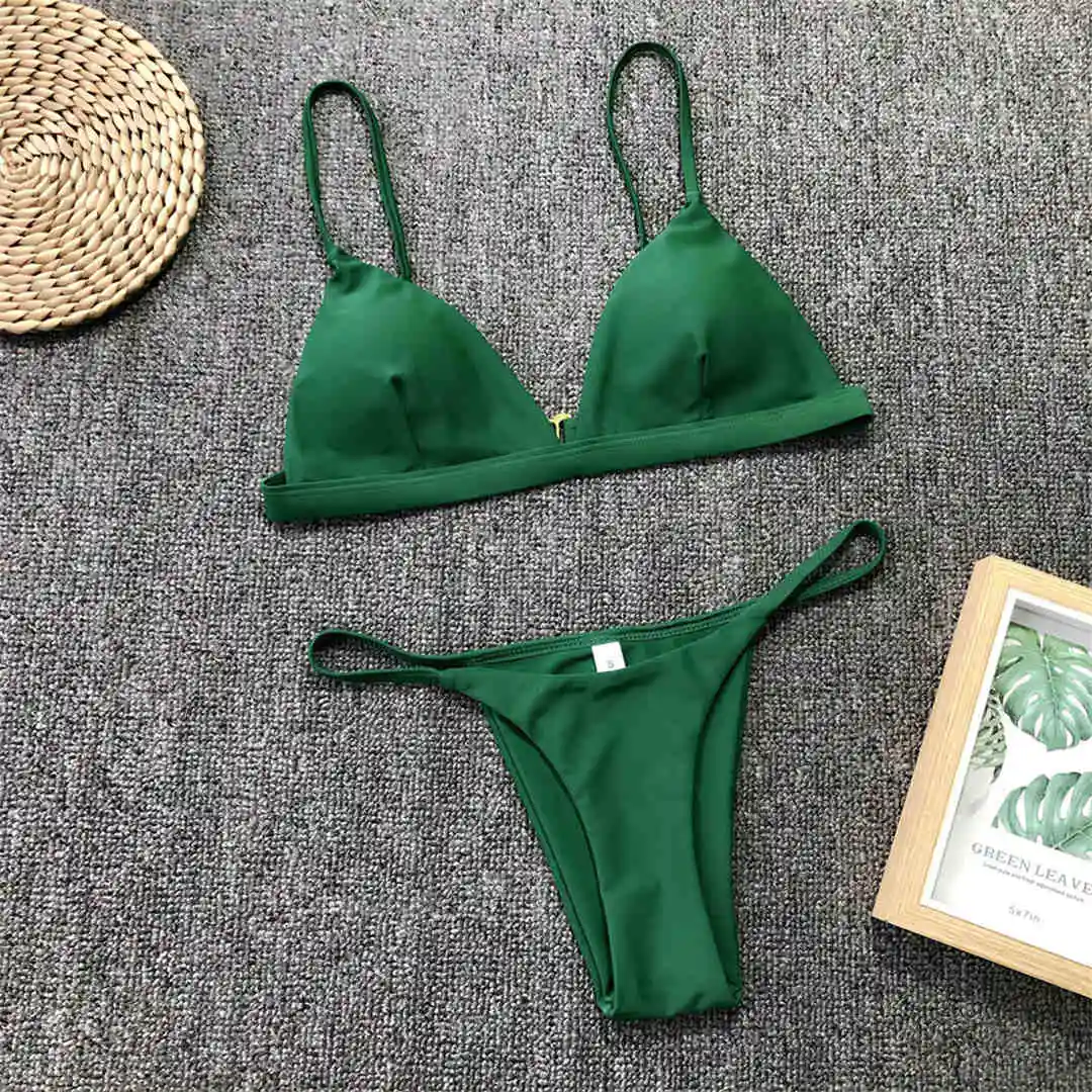 Neuer, verführerischer, gepolsterter brasilianischer Bikini, Damen-Badeanzug, zweiteiliges Bikini-Set, einfarbiger Badeanzug, Damen-Badebekleidung, V64A. – Detail 27