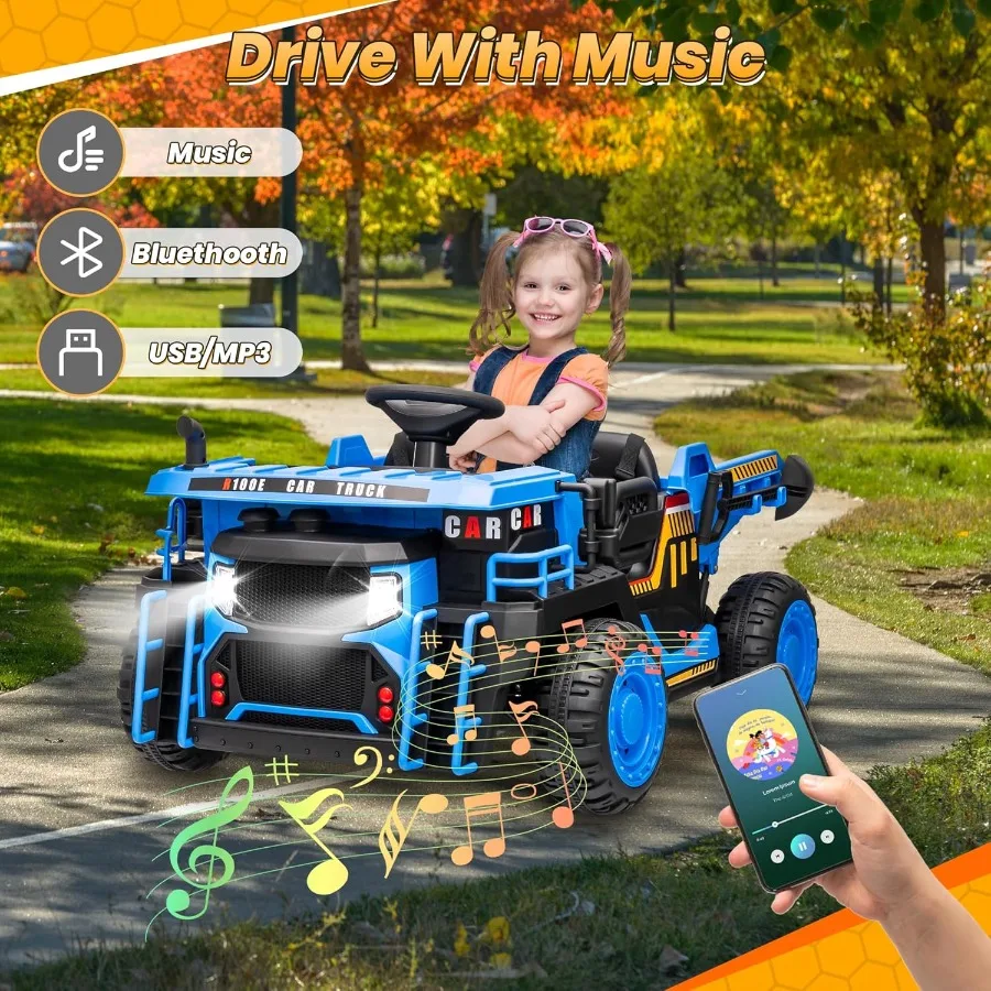 شاحنة قلابة 24 فولت، محركات قوية 2 × 200 وات، ركوب بمقعدين واسع على السيارة مع سرير تفريغ كهربائي ومجرفة إضافية تصل إلى 4.