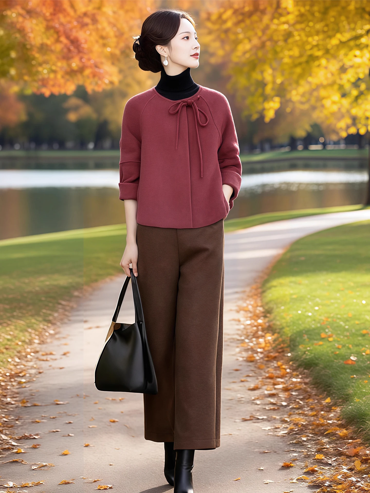 

Elegant Double-Sided Woolen Coat High Waist Wide Leg Pants Commute Set Fashionable Loose Fit Women's Fashion Winter Outfit