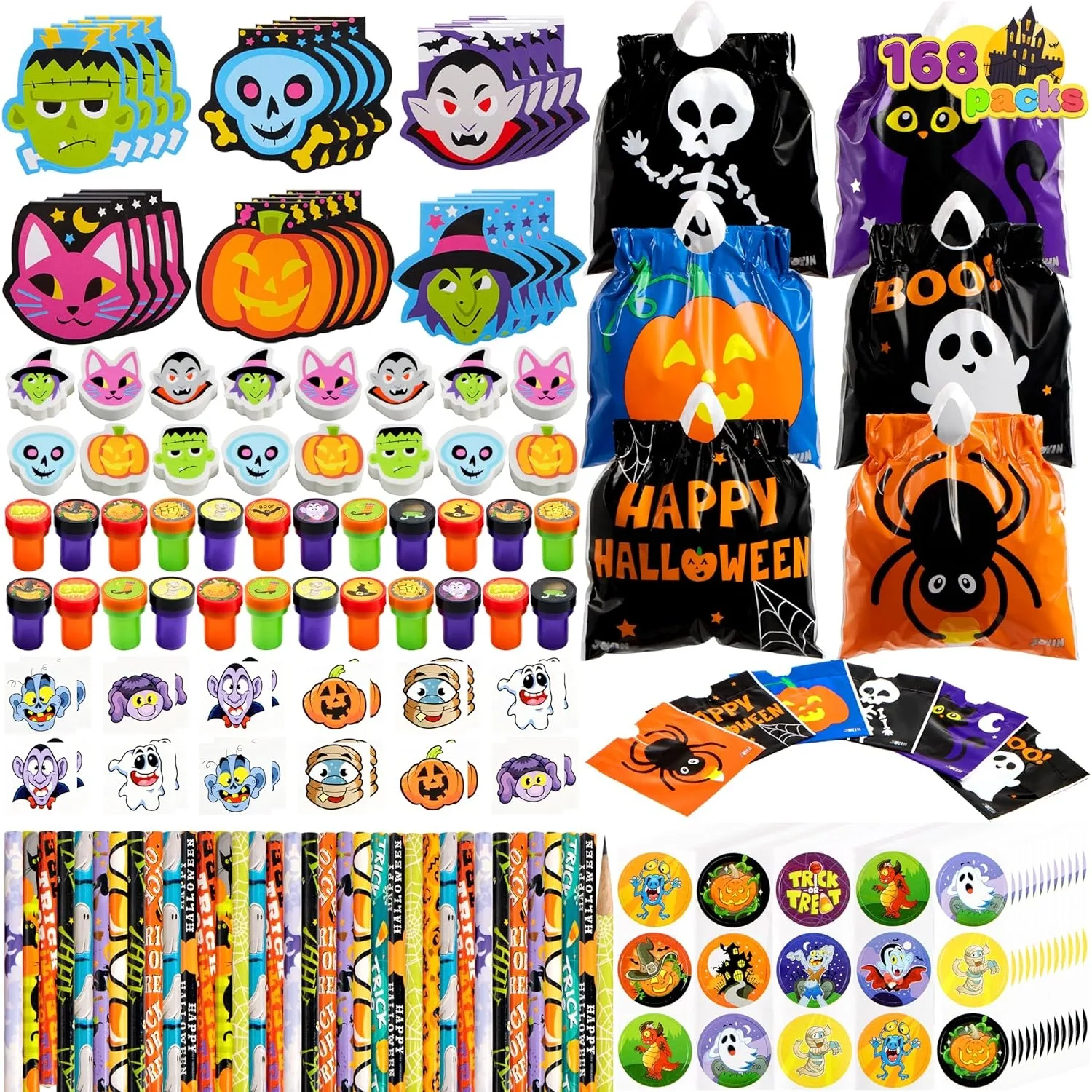Sloosh 168-teiliges 24er-Pack Halloween Kunst- und Bastel-Geschenkset „Trick or Treat“ Party-Geschenk-Spielzeug inklusive Halloween-Tasche, Notizblöcken, Stempeln, Bleistiften und Aufklebern