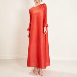 Miyake Casual Dress Women's Autumn 2024 Falling Long Skirt Maxi Dress A-line Elegant Long Sleeved Dress Pleated