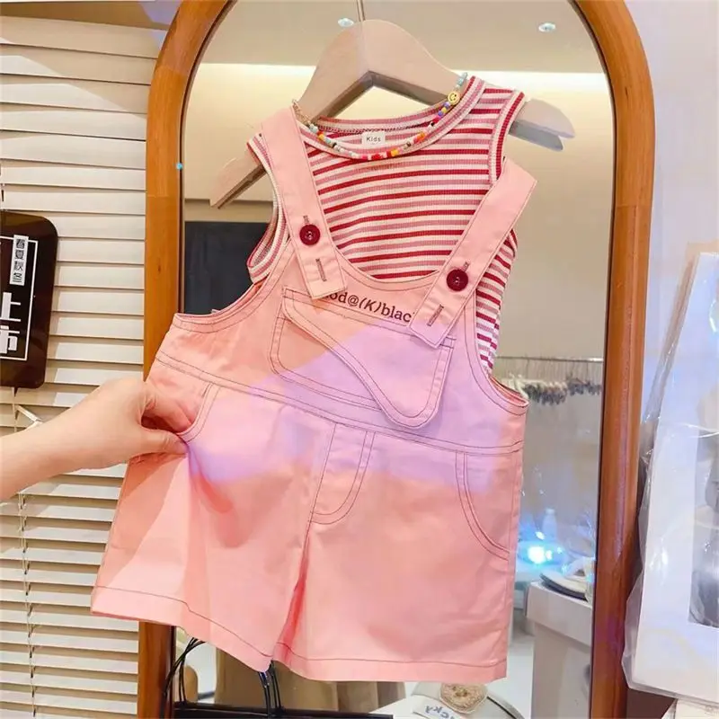 

Girls Denim Suspender Sets 2025 New Children Summer Striped Vests Pink Overalls Kids Sweet Shorts Baby Fashion Two-Piece Outfits