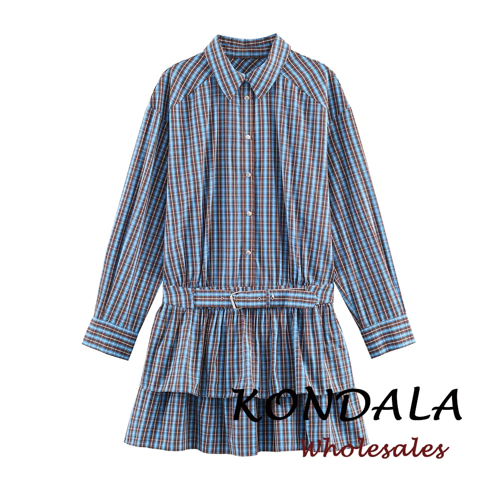 KONDALA Schickes Kariertes Blaues Kleid mit Schärpen für Damen Mode 2026 Vintage Mehrlagiges Polokleid Langarm Streetwear Moderne Vestidos