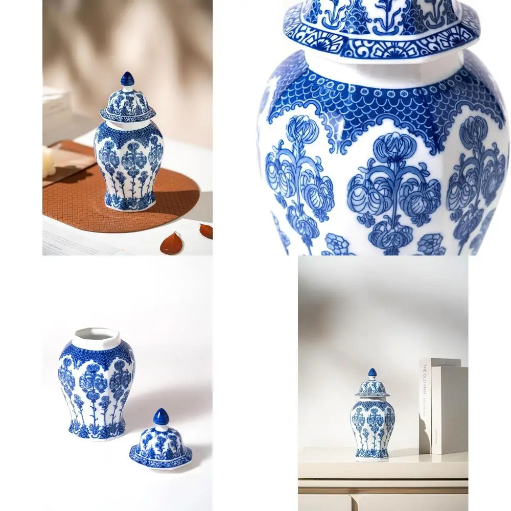 

Blue and White Porcelain Ginger Jar, Decorative Chinoiserie Ceramic Vase, Ideal for Home Accents and Table Centerpieces, 15 Tall