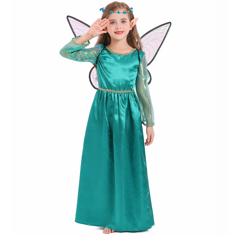 Girls Halloween Green Fairy Costumes Kids Children Forest Elves Cosplay Carnival Purim Parade Stage Role Play Show Party Dress