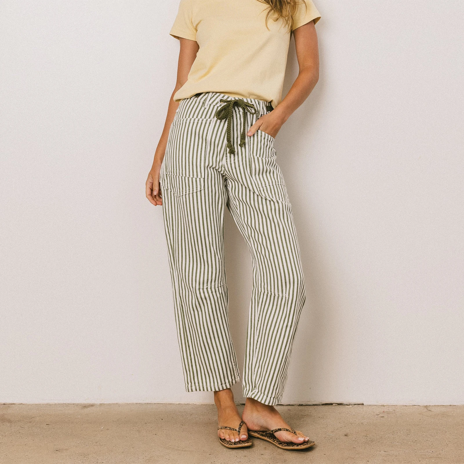 여성용 데님 팬츠 패셔너블 캐주얼 하이웨이스트 드로스트링 스트라이프 진 포켓 포함