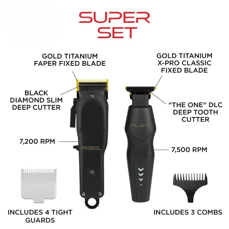 Flex Trimmer and Rebel Clipper Super Set with Tight Guards, Accessories and Travel Case