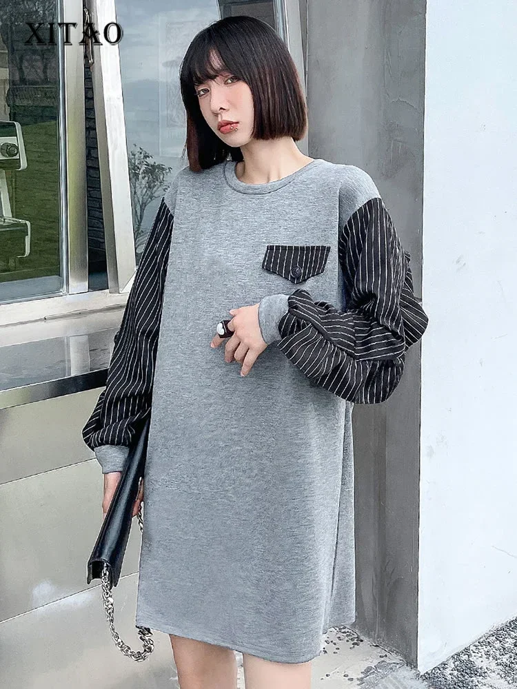 

XITAO Casual Women Sweater Dress Spring New Korea Patchwork Striped Pattern O- Neck Loose Mini Simplicity Fashion WMD3617