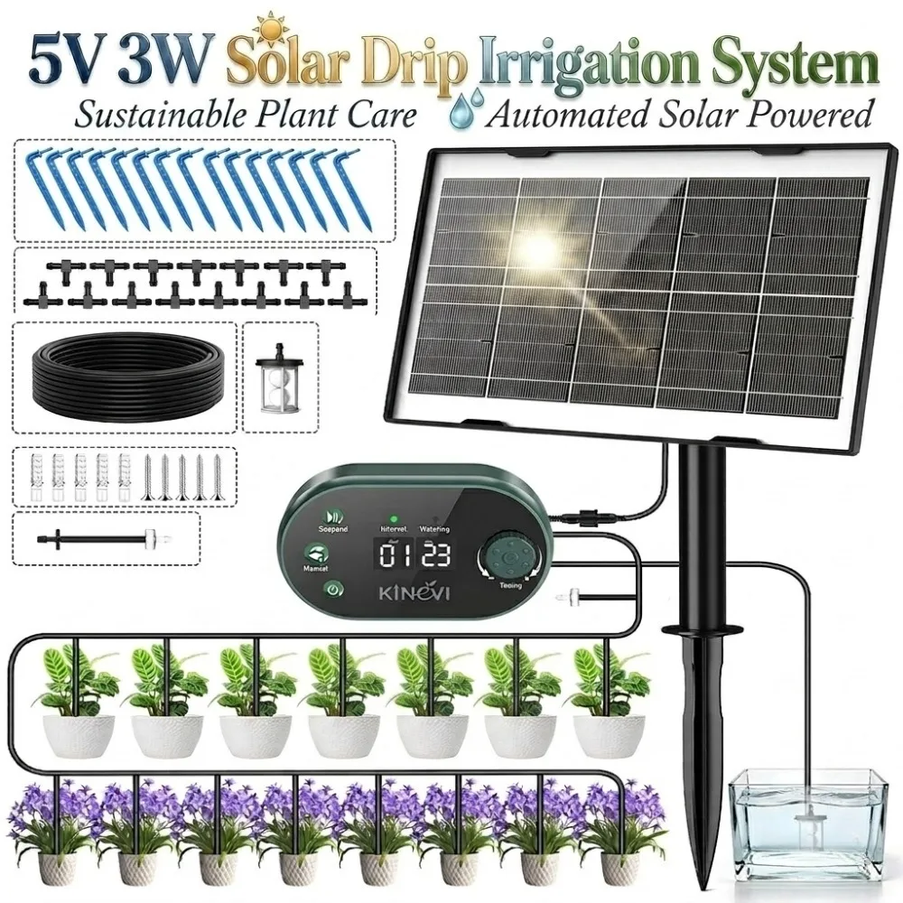 3W Solar Irrigation System for 15 Pots, Auto Watering System Kit with 15m Hose&Anti-Siphoning Suitable For Plant Vegetable Shrub