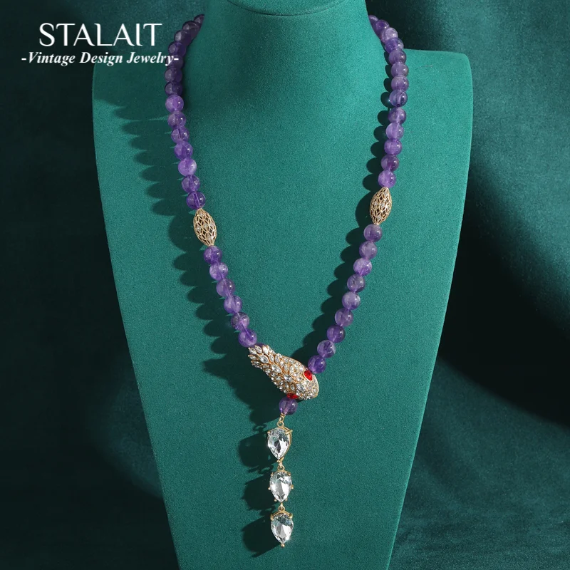 

Vintage Purple Beads Necklace Crystal Snake Drop Pendant Woman Natural Stone Charms Wedding Antique Party Jewelry Accessories