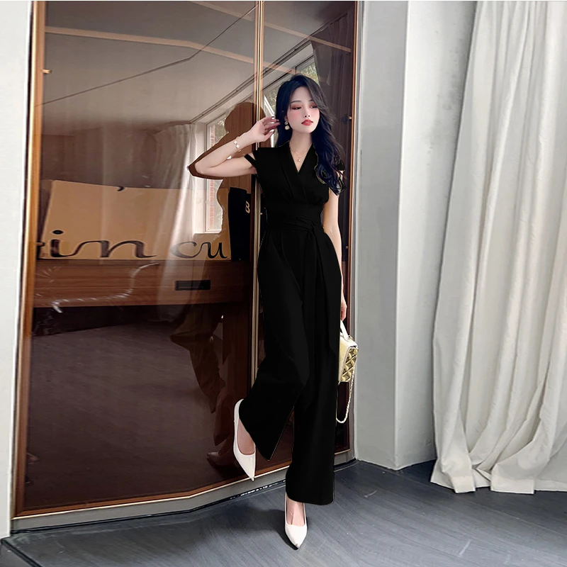 2024 Summer Women Elegant Solid Short Hole Sleeves V Neck Bandage Straight Leg Casual Working Jumpsuit