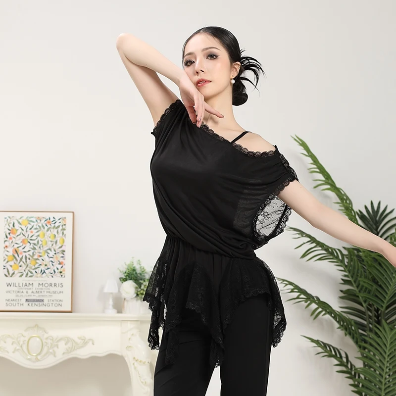 Traje de baile latino para mujer, Top de encaje suelto de verano, Tops negros de manga corta, ropa de entrenamiento de bailarina femenina blanca, ropa de práctica 3811