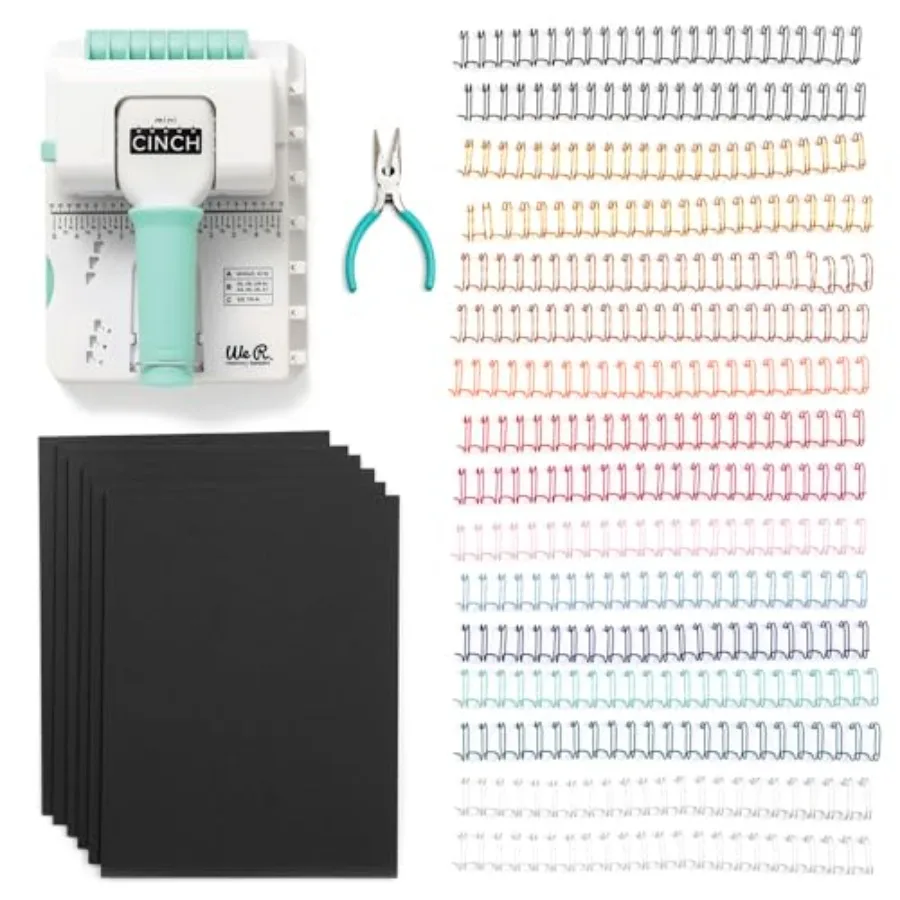 

Mini Cinch Bundle Includes Book Binding Machine 16 Wires Wire Cutters and Six Black Bookboards Easy to Use Design Ruler Wire or