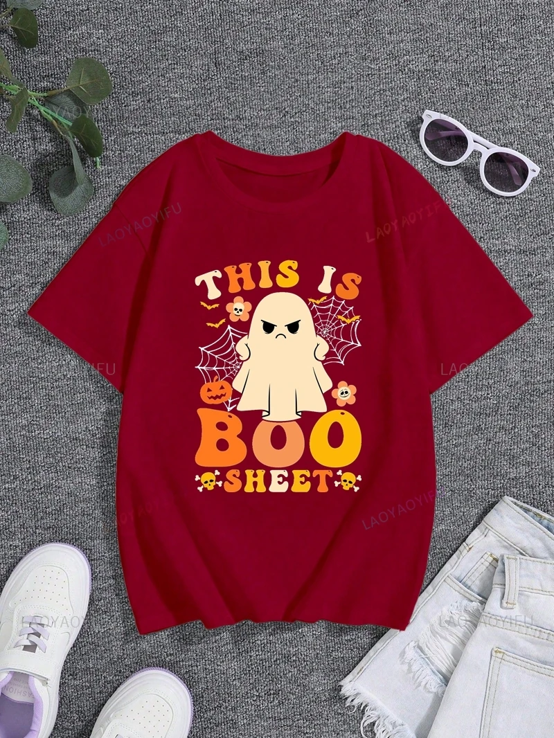 THIS IS BOO SHEET, Halloween Party Women's Shirt, Everyday Casual Street Wear, Women's Short Sleeve 0 Neck Cotton T-shirt