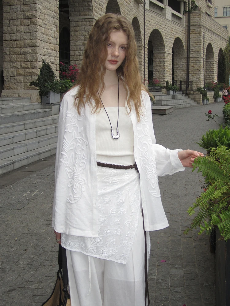 

Женская рубашка Miorastudio из винтажного льна, свободного кроя, с двусторонней вышивкой, укороченный топ с растительным мотивом, в повседневном стиле