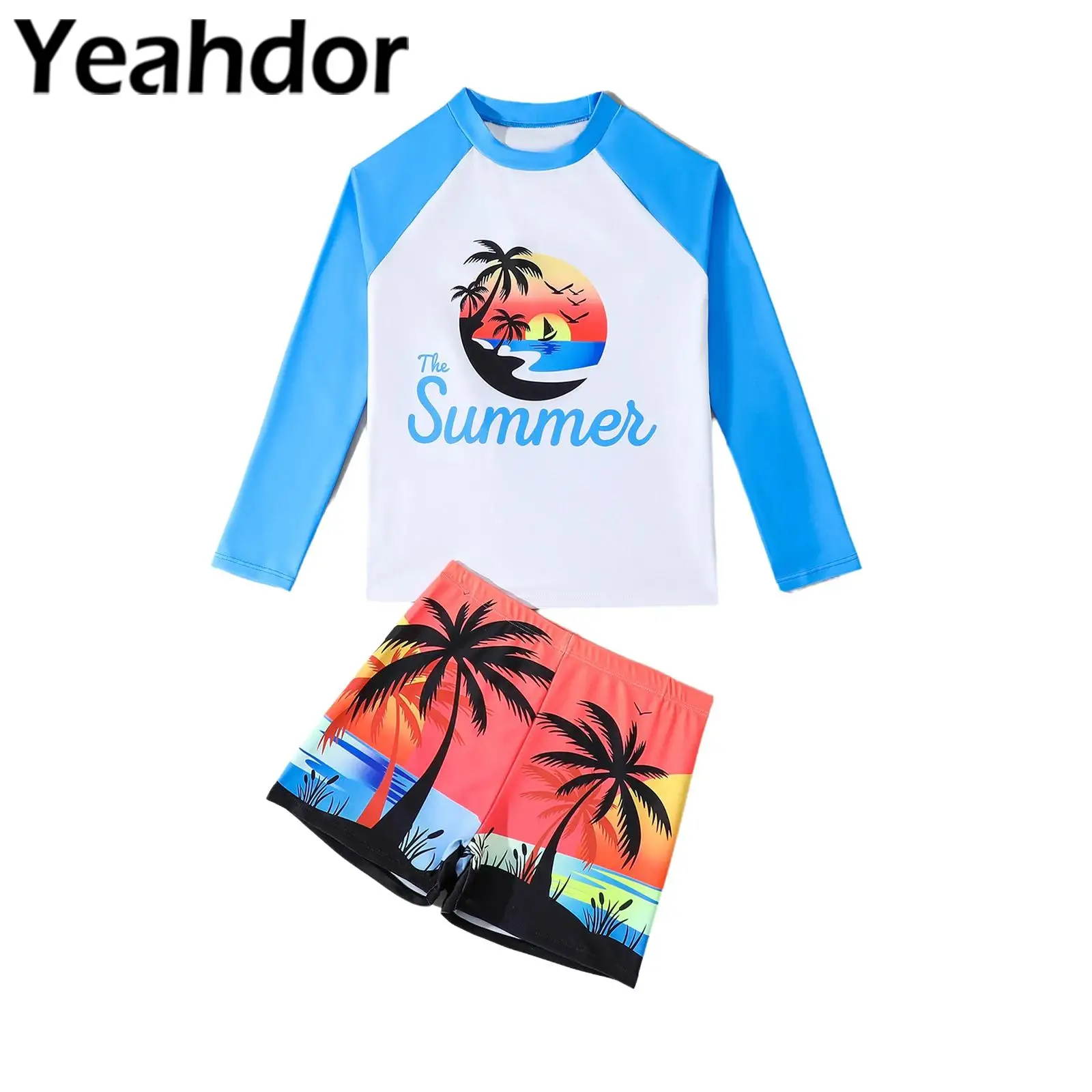 Kids Boys Two-Piece Bathing Suit Coconut Tree/Dinosaur/Geometric Printed Swimsuit Set Swimwear Long Sleeve T-shirt with Shorts