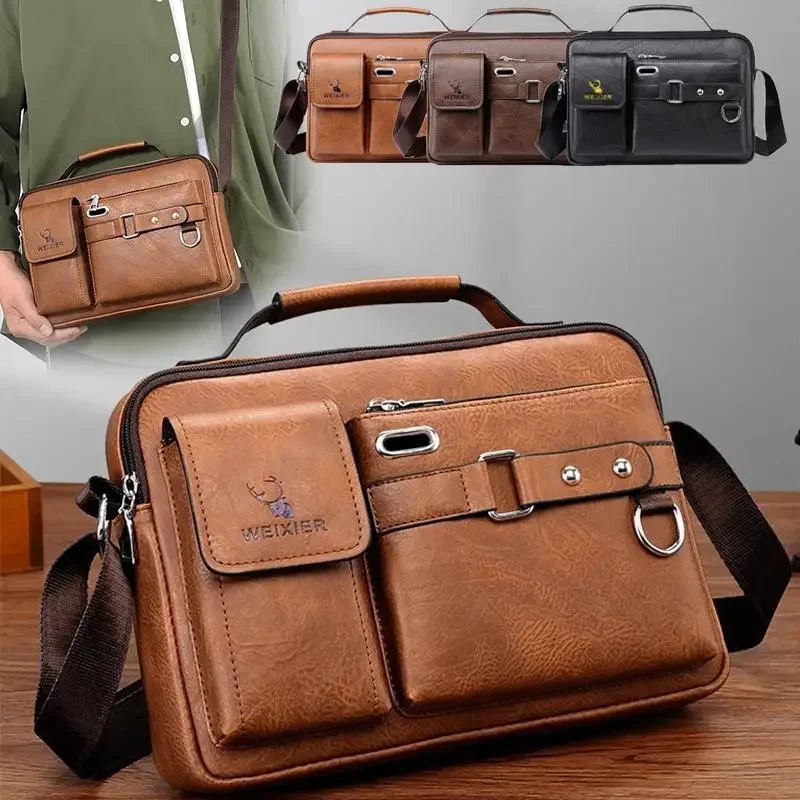 

Men Cross Body Messenger Bag Handbag Business Briefcases Laptop Retro Office PU Leather Male Top Handle One Shoulder Bag