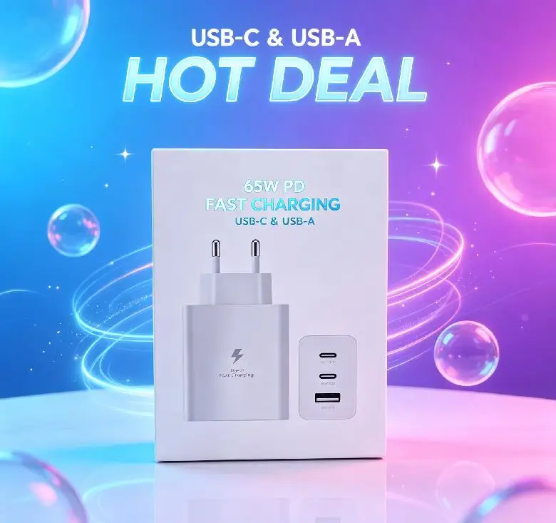 65W GaN US Plug Power Adapter, USB‑C USB‑A Dual Output Compact Fast Charger For Home Travel Charge Multiple Electronic Devices