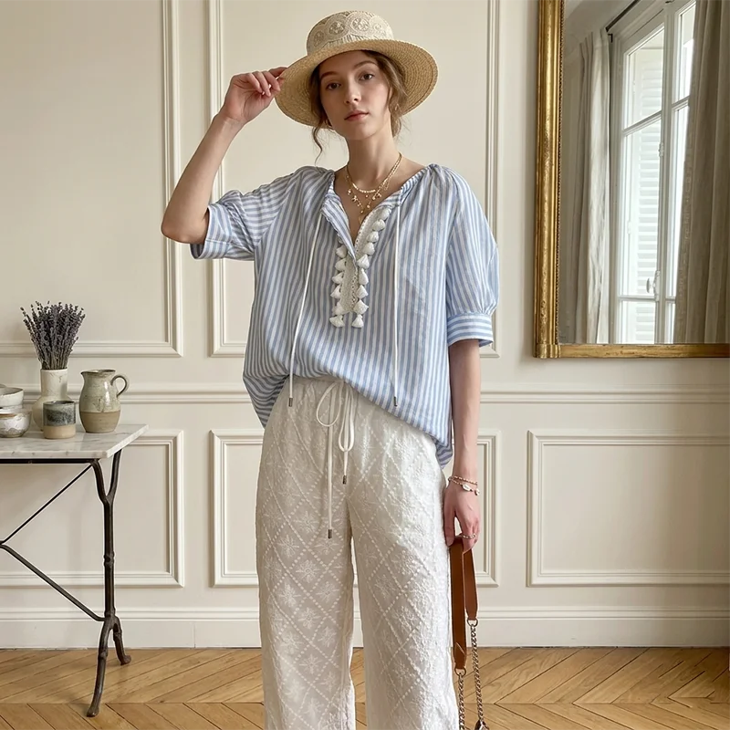 

Blue Striped Tassel Blouse Women 2026 Summer Boho Pompom Lace Top V-Neck Drawstring Puff Sleeve Shirt Beach Vacation Vestidos