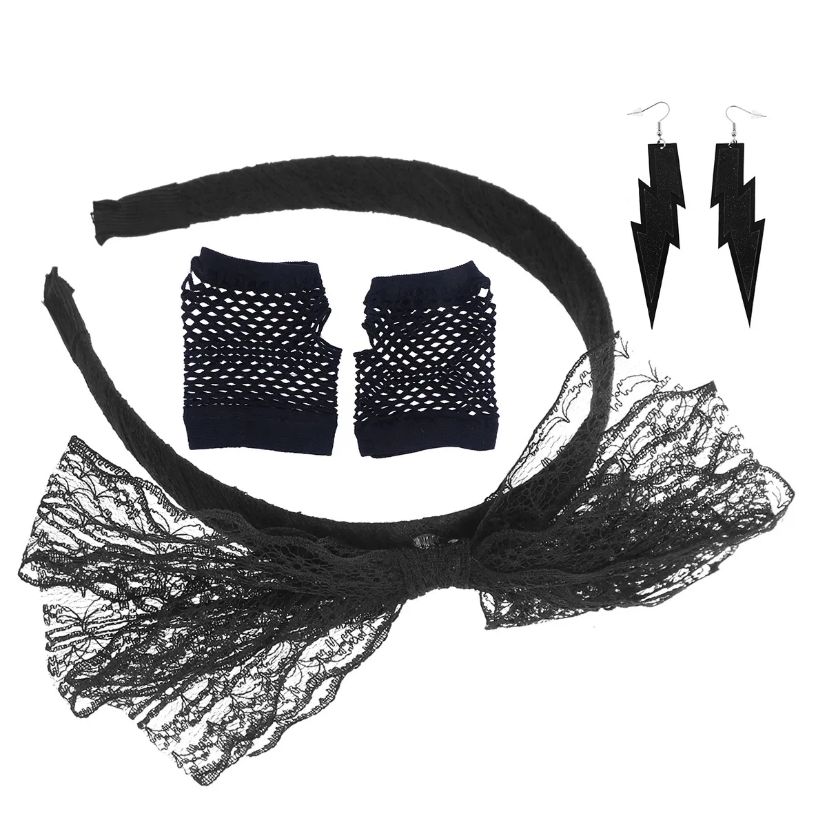 Set Accessori Anni '80: Fascia per Capelli in Pizzo, Guanti a Rete Neri Senza Dita, Orecchini Neon, Costume per Feste, Disco, Halloween, Cosplay