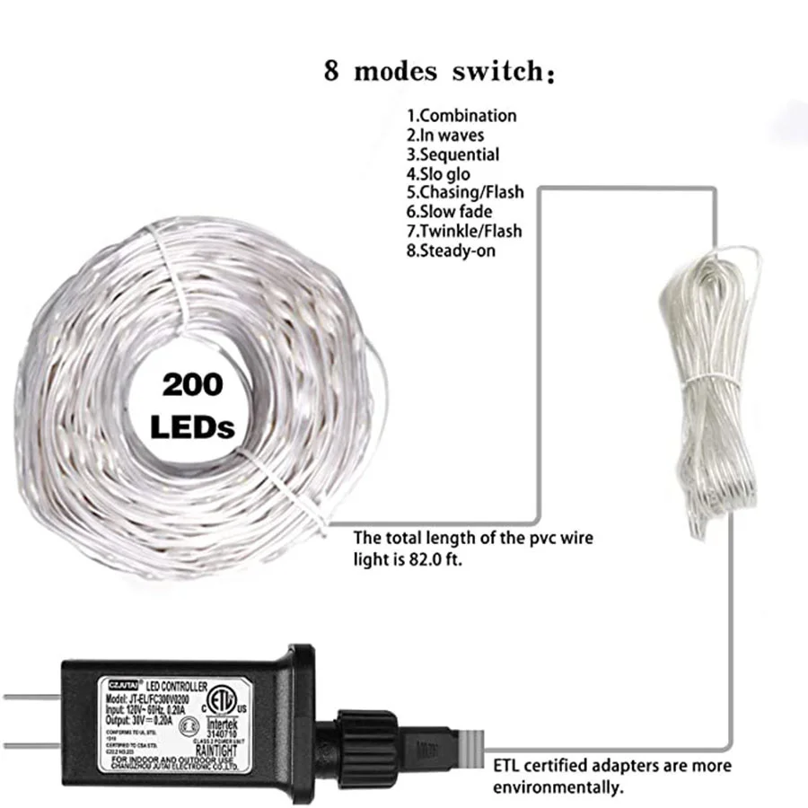 Guirnalda de luces navideñas para exteriores, tira de luces LED resistente al agua, 8 modos, 10M, 20M, 50M, 100M, decoración de jardín, fiesta y boda